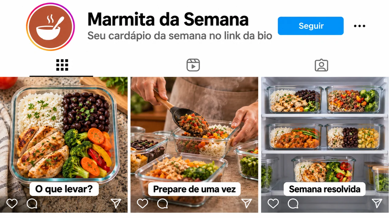 Perfil ilustrativo Marmita da Semana, com receitas, preparo de refeições e uma oferta de planejamento no link da bio.
